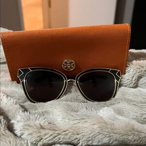 Tory Burch Black and Gold Sunglasses with Orange Case